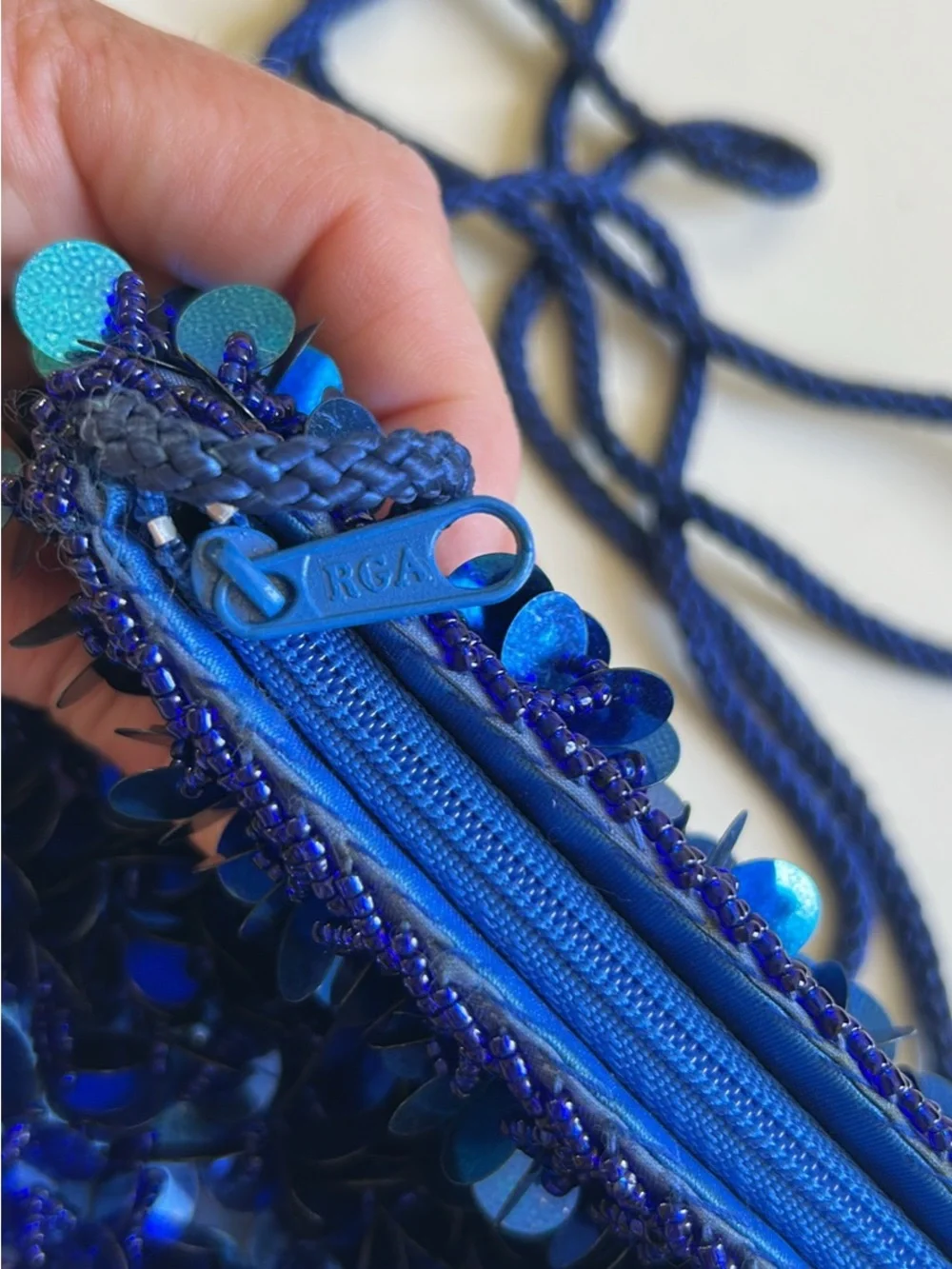 Blue Sequin Evening Clutch with Braided Strap